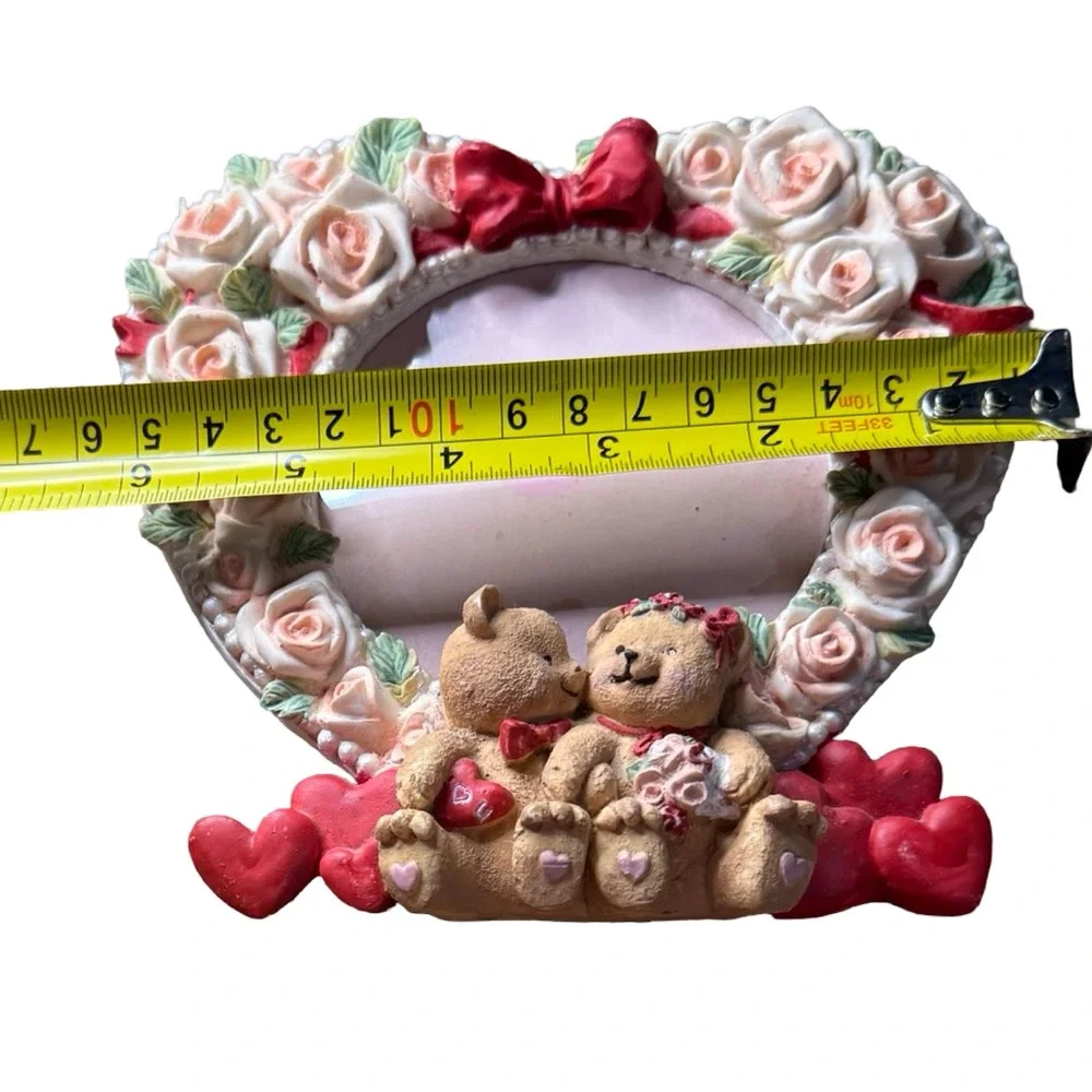 Vintage Teddy Bear Heart Rose Picture Frame Resin 3D Valentine Anniversary 6.5